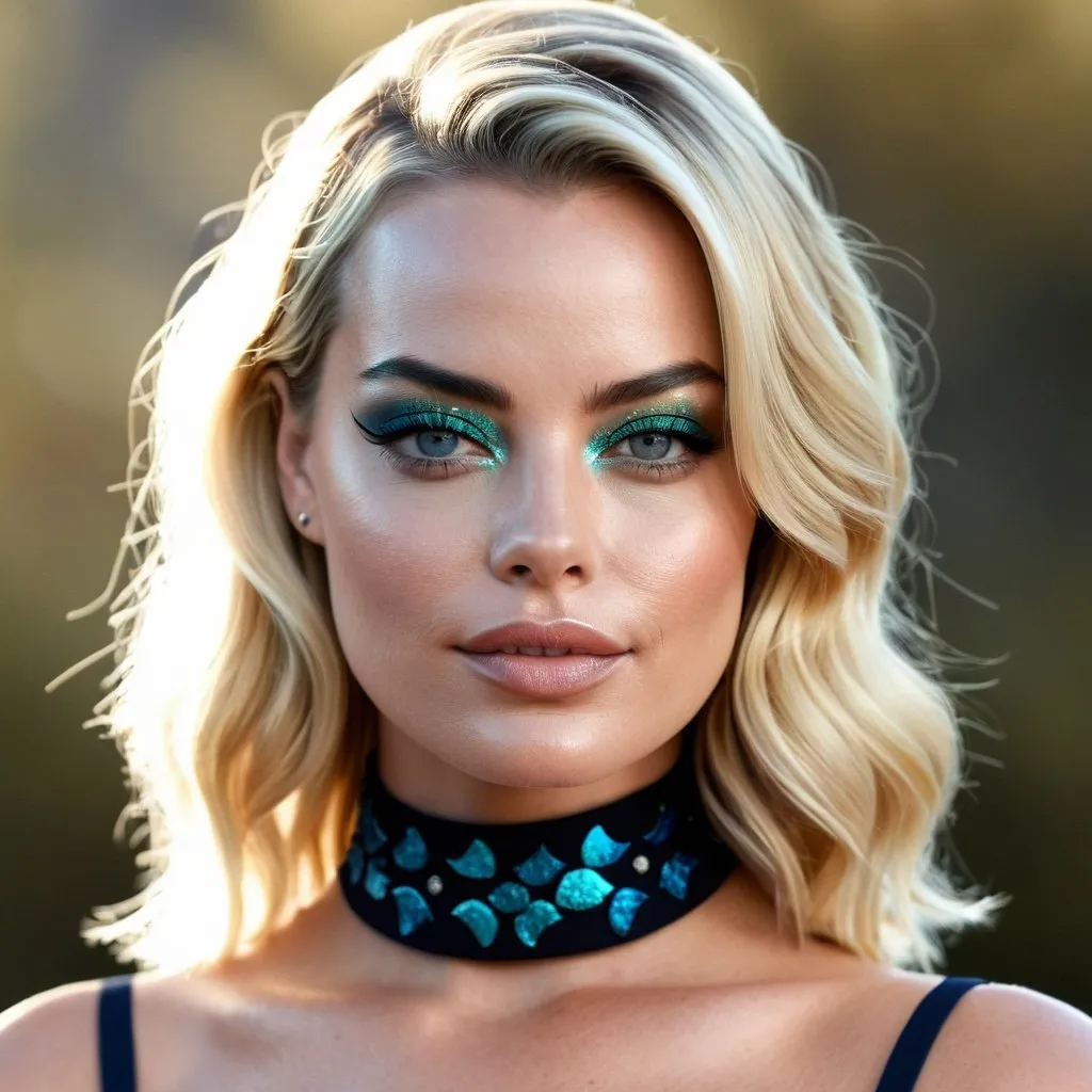 Prompt: A beautiful girl named Margot Robbie, with the Pisces zodiac sign, wearing a beautiful Pisces zodiac inspired makeup look, portrait 