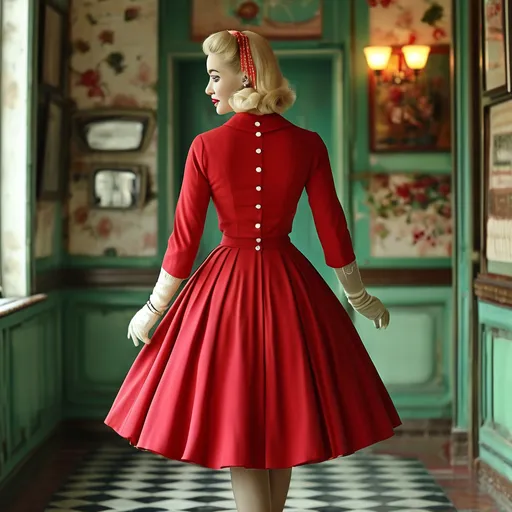 Prompt: (vintage fashion), (1950s style), elegant outfits, fitted dresses, petticoats, bold patterns, retro accessories, heels, vibrant colors, soft pastel shades, nostalgic atmosphere, warm lighting, high-quality, ultra-detailed, stylish urban setting, glamorous poses, cheerful mood, classic hairstyles, cinematic masterpiece.