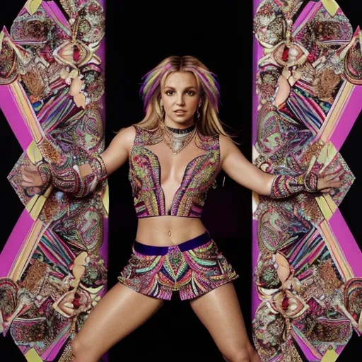 Prompt: (Britney Spears wearing Etro), (high-fashion), striking outfit with colorful patterns, vibrant colors, dramatic and chic, lively expression, stylish accessories, under soft warm lighting, ultradetailed, sheer glamorous background, capturing the essence of a stylish fashion statement, bold patterns merging with effortless elegance, highlighting a confident aura, very high quality, cinematic.