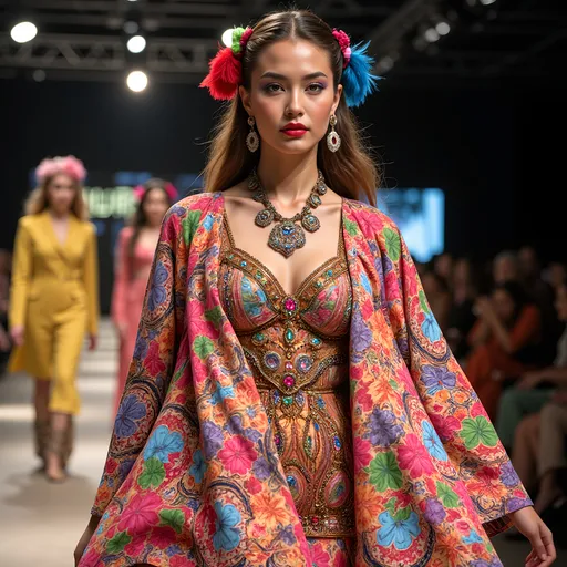 Prompt: (Etro dress), vibrant colors, intricate patterns, bohemian style, flowing fabric, high fashion, eye-catching details, luxurious textures, whimsical atmosphere, soft natural lighting, elegant silhouette, striking prints, artistic expression, ultra-detailed, 4K resolution, fashion runway backdrop, playful accessories, sophisticated design aesthetic.