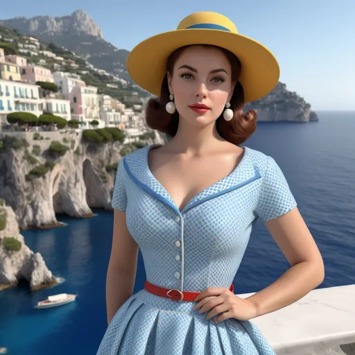 Prompt: Hyper realistic Annalisa as an accurate 50s Italian woman in Capri wearing a hyper realistic Prada outfit 64k 3d hd 