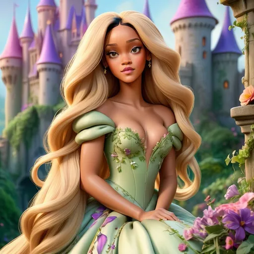 Prompt: (Rihanna as Rapunzel), (long blonde flowing hair), vibrant color palette, enchanting fairy-tale ambiance, whimsical castle background, whimsical elements like birds and flowers, illuminating soft light, intricate details in the gown, dreamy atmosphere, (fantasy), high-quality HD, cinematic depth, fairy-tale setting, lush greenery, allure and charm.