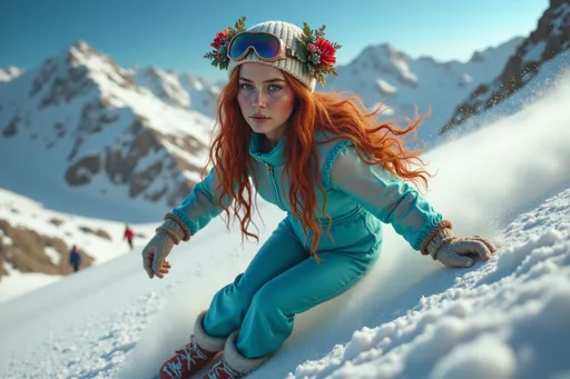 Prompt: photorealistic portrait female fantasy character 2d373c4d with long, wavy red hair with floral headpiece, sheer floral outfit with lace details A dynamic skiing scene featuring a character shown skiing down a snow-covered mountain slope. The character wears a vibrant light blue ski outfit with ski boots and gloves, completed by a white beanie and bright colored ski goggles. Positioned in the middle-right of the frame in an active skiing pose, the body leans slightly forward to showcase motion. The expression appears focused and engaged, oriented towards the lower-right area of the image. The winter landscape features a bright blue sky, snow-capped mountains, and expansive fresh snow. Bright sunny lighting emphasizes snow textures, with a slightly downward-angled perspective highlighting the ski run. Color scheme focuses on cheerful shades of blue, white, and light gray. The background includes additional mountains and a small distant figure on the lower-left.