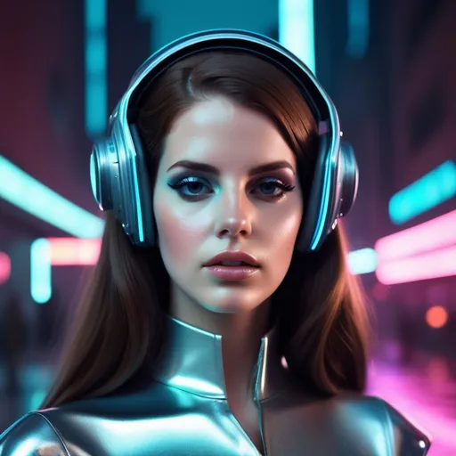 Prompt: Lana Del Rey as a (futuristic cyborg), sleek metallic enhancements, (detailed facial features) with a dreamy expression, stylish attire blending classic glamour and cyberpunk elements, ethereal neon colors, cool tone lighting, set against a (moody urban backdrop), capturing a fusion of vintage and modern aesthetics, (ultra-detailed), cinematic atmosphere, evoking a sense of melancholy and wonder.