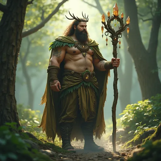 Prompt: (Full body) male stocky druid, (earthy tones) brown and green garments adorned with nature motifs, (wild hair) with leaves intertwined, standing in a lush forest with sunlight filtering through the canopy, (mysterious) fog hovering at ground level, (intricate staff) embellished with crystals, (4K) ultra-detailed, (enchanting) atmosphere capturing a sense of connection with the natural world.