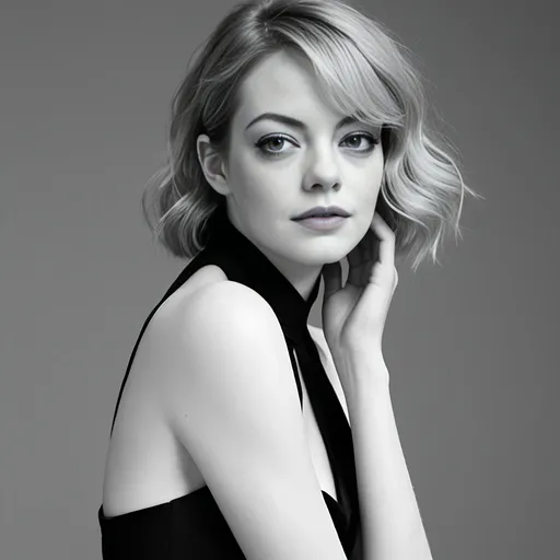 Prompt: Fashion photography Emma Stone in classic black and white style, crisp details, very high contrast, elegant avantgarde poses, vintage aesthetic, herb ritts, studio setting, minimalistic composition, high quality, classic, black and white, elegant poses, crisp details, high contrast, studio setting, minimalistic composition, white background
