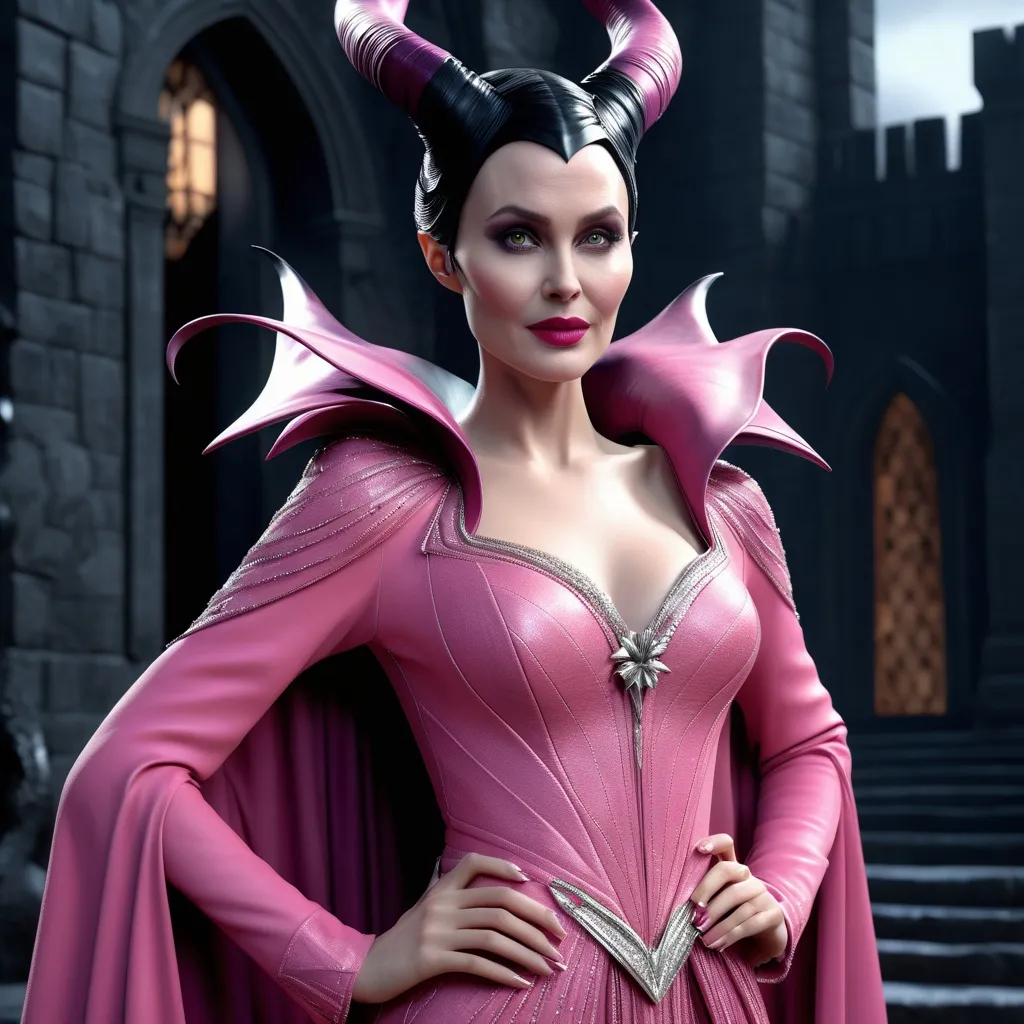 Prompt: Hyper realistic 64k 3d Maleficent in hyper realistic and very detailed 64 3d hd, wearing a Valentino pink outfit, very detailed Valentino dress 64k Reflex ultra hd quality 