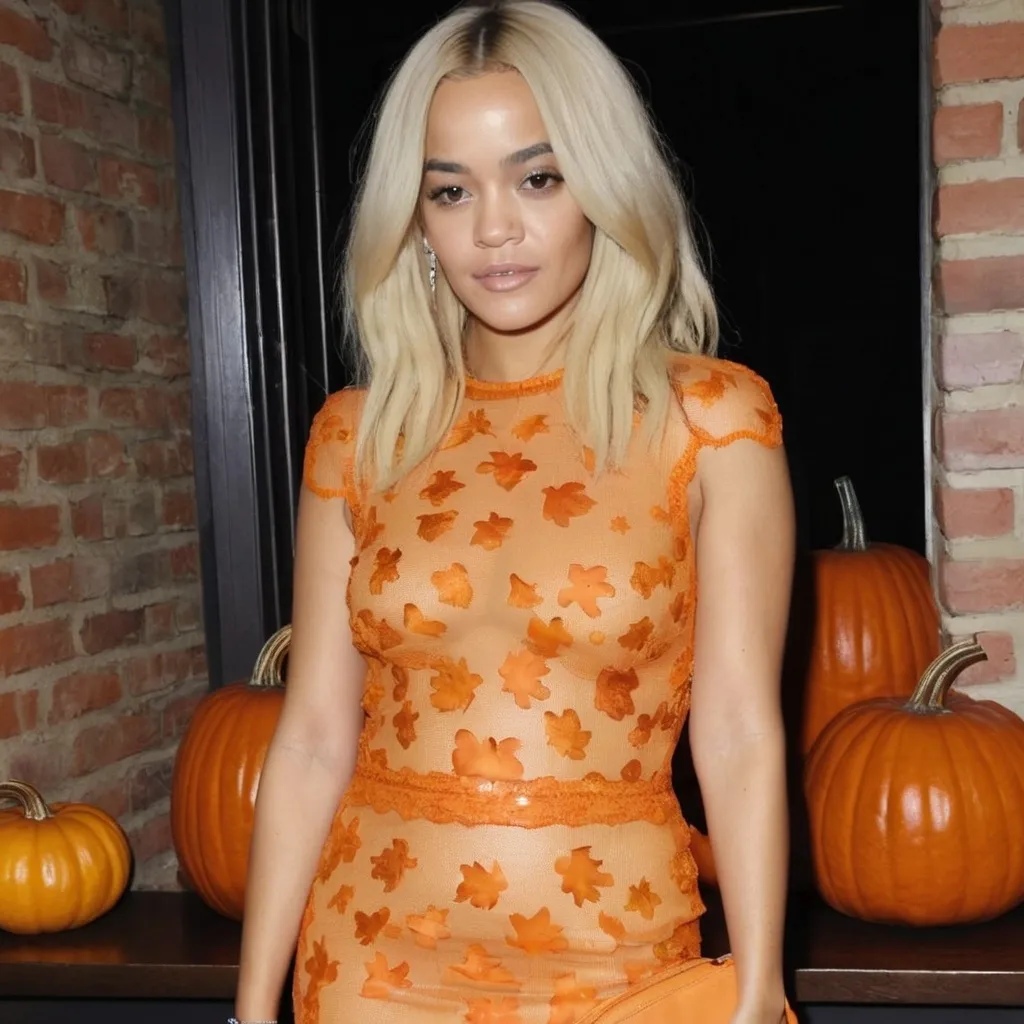 Prompt: Rita Ora wearing delicate Stella Mc Cartney dress pumpkin inspired