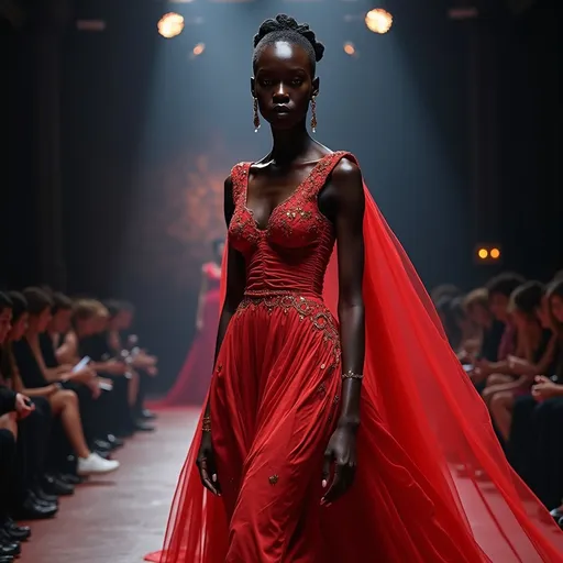 Prompt: (Alek Wek in a stunning Valentino dress), impactful fashion statement, (striking silhouette), elegant textures, luxe fabric details, fashion runway atmosphere, high-fashion edgy vibe, vibrant colors, flattering cut, polished accessories, (dramatic lighting), ultra-detailed, dynamic pose, captivating background blur, emphasis on contemporary elegance.