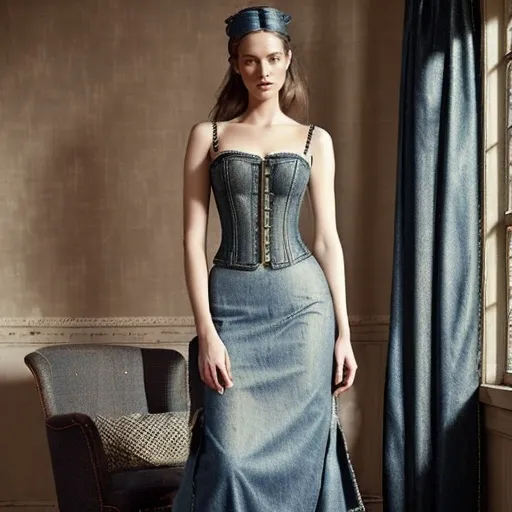 Prompt: (denim corset and tweed long skirt), stylish fashion piece, fashion illustration, intricate textures, high contrast details, elegant, vintage-inspired, warm earthy tones, light and shadow play, cozy atmosphere, high fashion, ultra-detailed design, dynamic summer setting, soft natural lighting, beautiful fabric draping, captivating composition.