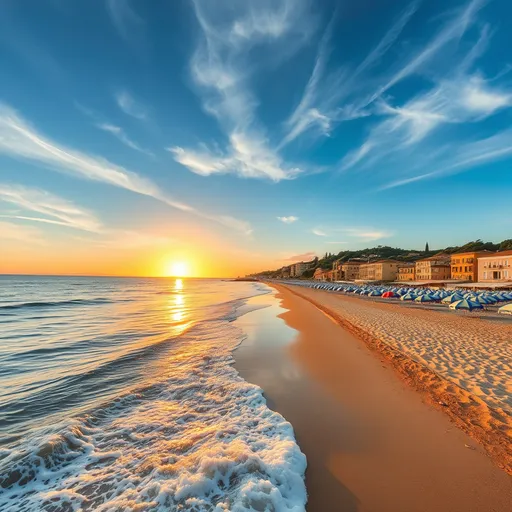 Prompt: (Sottomarina di Chioggia), serene coastal landscape, beautiful sandy beaches, (stunning sunset) reflecting on water, (colorful beach umbrellas), warm golden sand, vibrant waves splashing, picturesque buildings lining the shore, high depth cinematic quality, inviting atmosphere, peaceful vibe, coastal lifestyle, lush greenery in the background, wispy clouds in a clear blue sky, 4K ultra-detailed rendering.