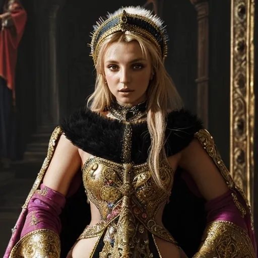 Prompt: Medieval Britney Spears, oil painting, extravagant costume, intricate headdress, royal gown, dramatic lighting, high quality, detailed, medieval art, opulent style, vibrant colors, regal atmosphere