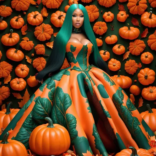 Prompt: (Nicki Minaj) in a stunning Balenciaga dress inspired by (pumpkins), vibrant hues of orange and deep green, intricate pumpkin patterns, dramatic silhouette, elegant design, high fashion aesthetics, captivating facial expression, autumn-themed background filled with falling leaves, warm lighting creating a cozy atmosphere, ultra-detailed, fashion photography style, 4K clarity.