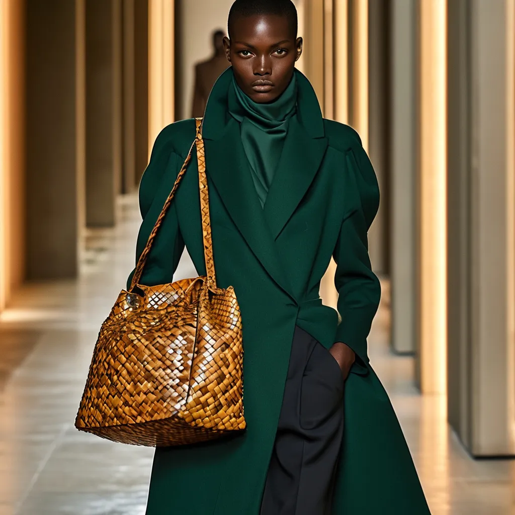 Prompt: (Bottega Veneta look), elegant fashion, texture-rich fabrics, sophisticated color palette of deep greens and earthy tones, warm ambient lighting, ultra-detailed, high fashion, modern design aesthetic, minimalistic yet luxurious, emphasis on craftsmanship, stylish accessories, striking visual contrasts, upscale luxury ambiance, runway inspired, capturing the essence of contemporary design.