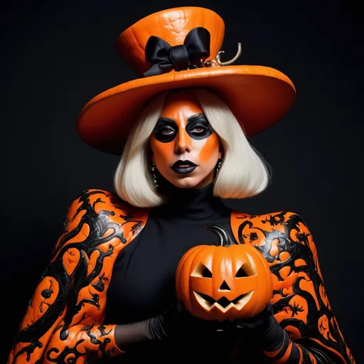 Prompt: Lady Gaga (wearing YSL pumpkin Halloween look), dramatic and bold design, vibrant orange and black colors, exaggerated pumpkin expressions, intricate textures and patterns, accessorized with Halloween-themed elements, moody and artistic ambiance, captivating pose, high fashion influences, ultra-detailed, 4K quality, striking background emphasizing the Halloween theme, whimsical yet elegant atmosphere.