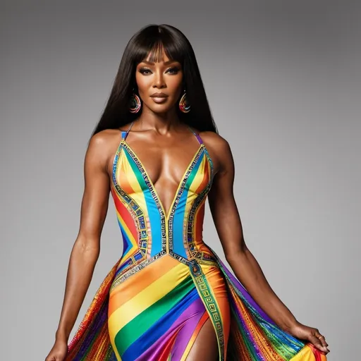 Prompt: Naomi Campbell wearing a special Versace dress Pride Month edition 