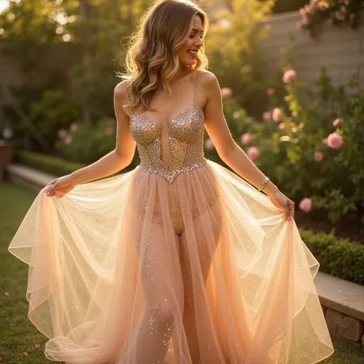 Prompt: Prosecco dress, (sparkling elegance), voluminous silk fabric, glistening bubbles embedded, (feminine silhouette), romantic flow, soft pastel colors with golden highlights, shimmering under gentle light, (high fashion), luxurious atmosphere, celebratory mood, whimsical elegance, surrounded by a stylish garden setting, ultra-detailed, 4K quality.