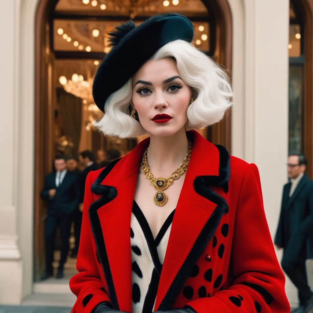 Prompt: Hyper realistic Cruella wearing a very detailed Dolce&Gabbana Outfit in a Wes Anderson Movie avoiding pink