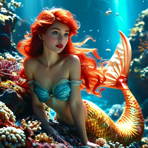 Prompt: Ariel the Little Mermaid in a stylish (Diesel outfit), vibrant underwater setting, (highly detailed) with flowing red hair, expressive face, and majestic tail shimmering in deep blue waters, surrounded by coral reefs and whimsical sea creatures, giving a playful and fashionable vibe, (4K) resolution, ultra-detailed and dynamic.