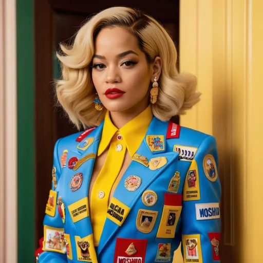 Prompt: Hyper realistic Rita Ora wearing a Moschino outfit in a Wes Anderson Movie