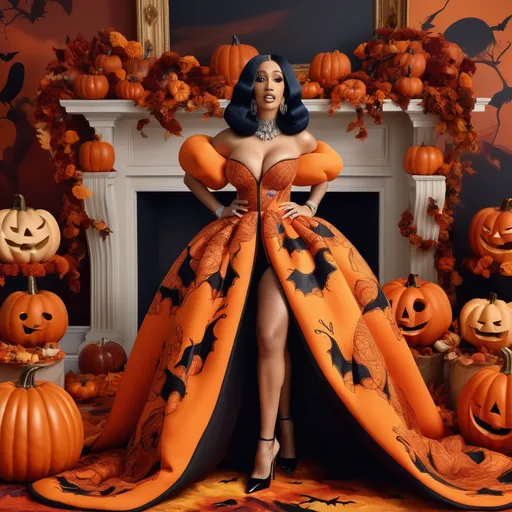 Prompt: (Cardi B wearing an Oscar De La Renta Halloween pumpkin-inspired dress), vibrant colors, intricate pumpkin motifs, flowing fabric, dramatic silhouette, high-fashion atmosphere, warm autumn palette, elegant yet playful look, chic accessories, ultra-detailed design, glamourous pose, stunning background with Halloween elements, 4K quality, high fashion editorial vibe, captivating and festive ambiance.