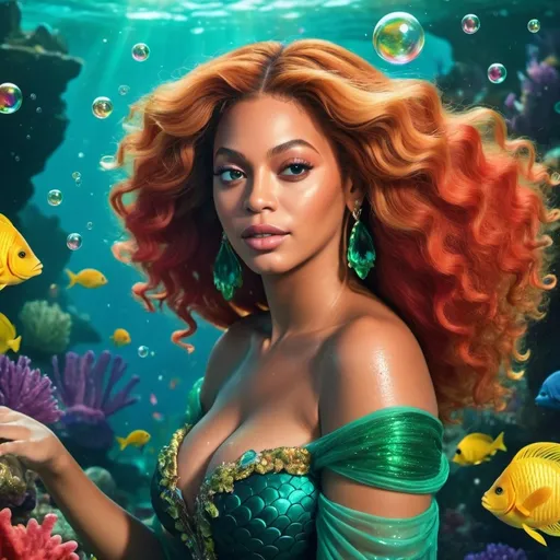 Prompt: (Beyoncé as Ariel), (vibrant colors), (magical underwater scene), (flowing red hair), (emerald green tail), (detailed facial features), (playful expression), (sparkling bubbles), (colorful coral reef background), (fantasy atmosphere), (highly detailed), (dreamy lighting), (oceanic elements), (4K quality), (whimsical vibe).