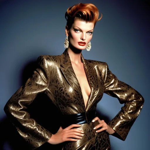 Prompt: (90s Gaultier haute couture), iconic supermodel Linda Evangelista, dramatic fashion pose, bold and elegant silhouette, rich textures and layers, luxurious fabrics, vibrant and striking color palette, studio lighting highlights intricate details, sophisticated and glamorous atmosphere, ultra-detailed, high-quality fashion photography, timeless elegance, mystical background reminiscent of the 90s fashion scene.