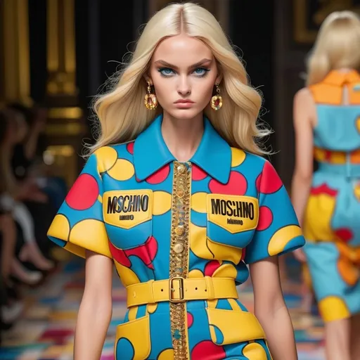 Prompt: (Moschino fashion design), bold colors, playful patterns, iconic logo, high fashion elegance, whimsical elements, energetic vibe, glamorous texture, chic accessories, captivating detail, stylish background, (ultra-detailed), modern aesthetic, vibrant and dynamic atmosphere, couture influence, luxurious ambiance, striking visuals, inspired by haute couture.