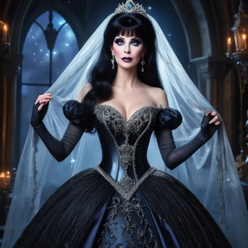 Prompt: (Cinderella) Elvira, enchanting transformation, elegant ball gown, dark glamorous colors, whimsical fairy-tale ambiance, moonlit background, sparkles and magical elements, (dramatic) lighting, exquisitely detailed facial features, captivating expression, veil and tiara, HD, ultra-detailed, contemporary art style with a gothic twist.