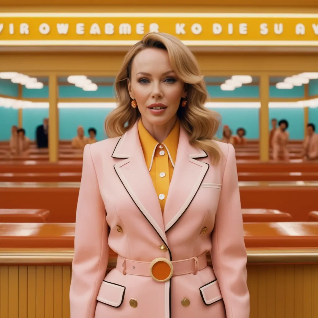 Prompt: Hyper realistic Kylie Minogue wearing a Miu Miu outfit in a Wes Anderson Movie 