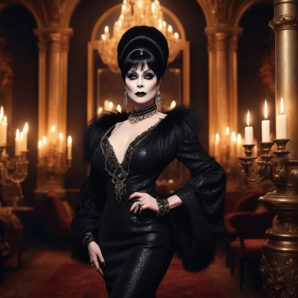 Prompt: Elvira (with her signature gothic makeup and hairstyle), dressed in (elegant, oversized Chanel outfit), dramatic pose, opulent accessories, luxurious background featuring rich textures, warm candlelight ambiance, moody atmosphere, high fashion vibe, (glamorously intricate details), enchanting aura, HD, ultra-detailed, captivating elegance.