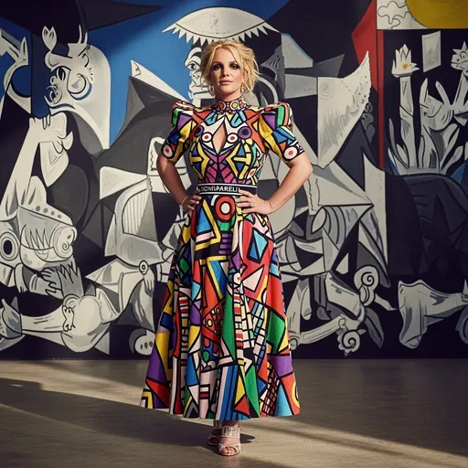 Prompt: Imagine a surreal scene featuring Britney Spears transformed into a vibrant muse of Pablo Picasso, her stance playful yet elegant. She's adorned in a striking custom Schiaparelli dress, a whirlwind of geometric patterns and bold colors, evoking the essence of Cubism. The background bursts with abstract shapes and vivid hues reminiscent of a Picasso painting. Soft, dappled sunlight filters through, casting gentle shadows and highlighting the intricate details of her dress. Britney's expression captures a blend of whimsical joy and deep artistic contemplation, embodying the fusion of music and art. For this image, photorealistic and cinematic vision 