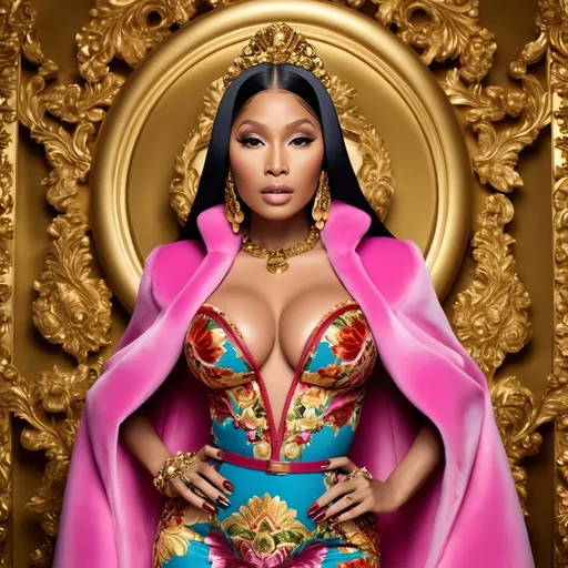 Prompt: Nicki Minaj in Dolce&Gabbana, high fashion photography, vibrant and bold, dramatic lighting, highres, detailed fabric texture, luxurious, fashion icon, confident expression, glossy finish, editorial, glamorous, celebrity style, vibrant colors, professional, high-quality