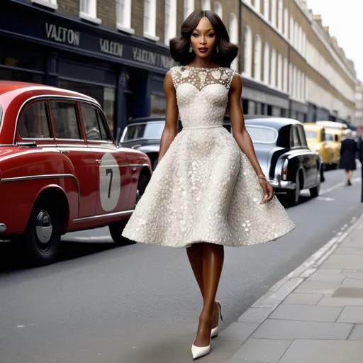 Prompt: Hyper Realistic and very detailed Naomi Campbell wearing a hyper realistic and very detailed Valentino 50s look with a very detailed Valentino dress and very detailed Valentino shoes in the centre of a very accurate 50s London 64k Hd, very accurate 3D 