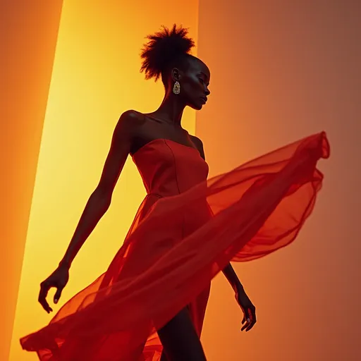 Prompt: (Alek Wek wearing Jil Sander), high fashion, (striking pose), timeless elegance, modern silhouette, minimalist design, soft yet bold fabric textures, dreamy background setting, warm and inviting colors, (4K), ultra-detailed fashion photography, capturing the essence of contemporary style, chic accessories, ambient lighting that enhances the mood, poised and confident aura.