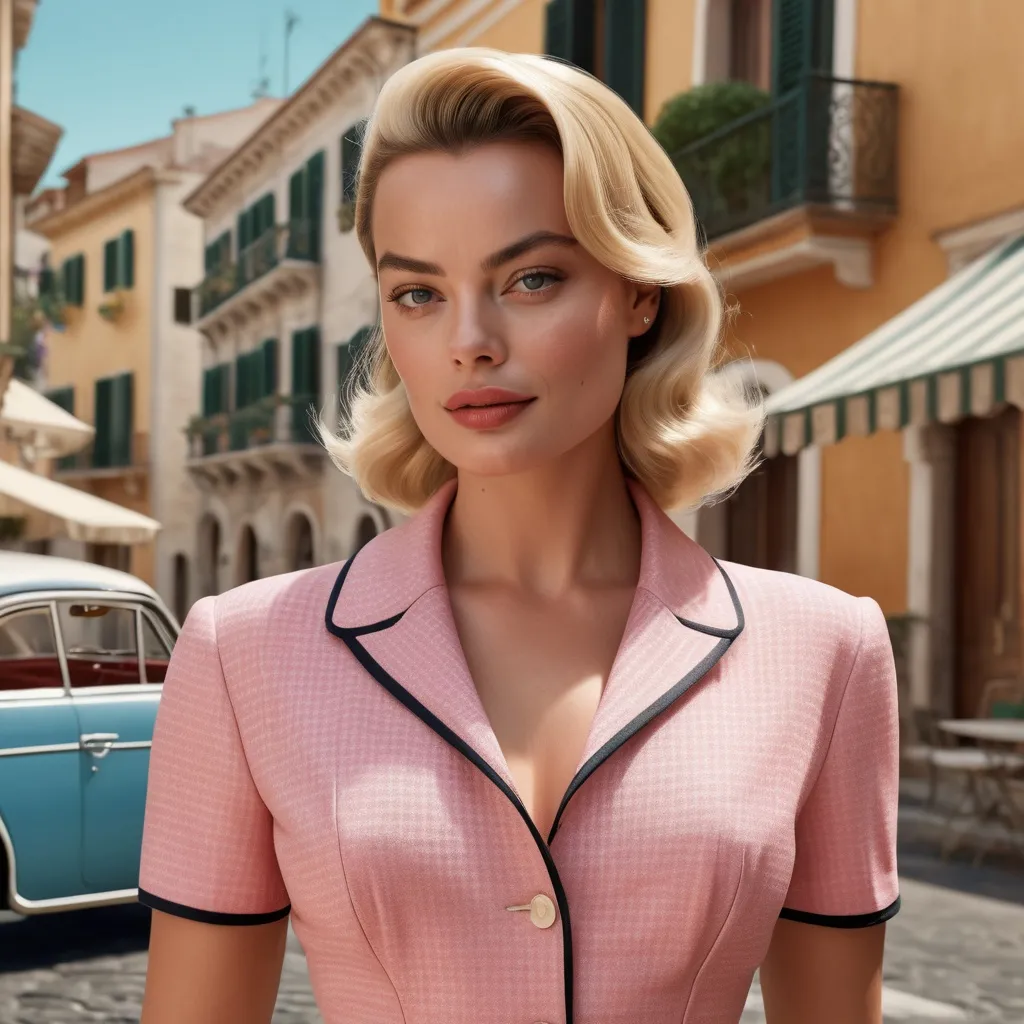 Prompt: Hyperrealistic 3D rendering of Margot Robbie in 50s Italian Capri fashion, photorealistic, accurate facial features, Prada outfit, high resolution 64k, detailed textures, realistic lighting, Capri street backdrop, sophisticated, elegant, photorealism, Italian fashion, 50s style, high quality, Prada, detailed design, accurate portrayal, realistic rendering, lifelike, professional, professional lighting 