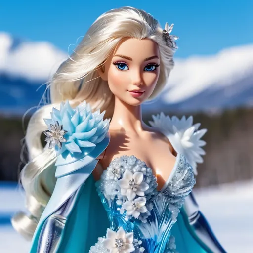 Prompt: Barbie ice woman with platinum hair, crystal shoulders, icy and flower dress in the winter landscape