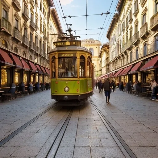 Prompt: Milan and its (iconic tram), picturesque cityscape, ornate architecture, cobblestone streets, vibrant colors, (warm), inviting atmosphere, sunlit afternoon, bustling energy, elegant pedestrians, coffee shops lining the streets, (ultra-detailed), capturing the essence of urban life in Milan, serene yet alive, breathtaking views, (high quality) imagery.