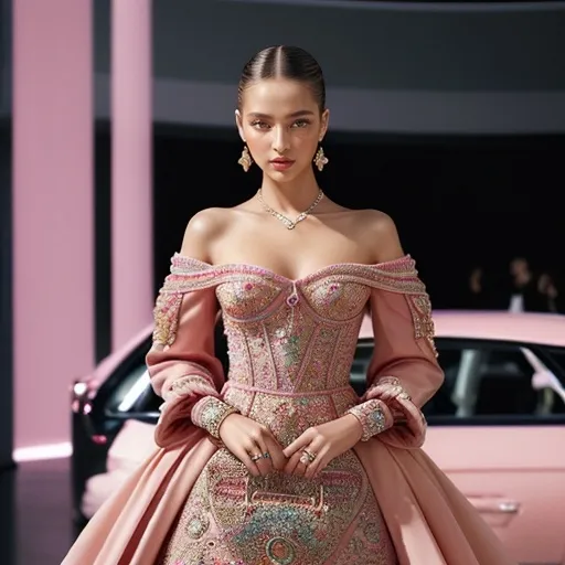 Prompt: (Highest quality photo), photorealistic, (vibrant colors), elegant posing, luxurious outfit, intricate details on Dior clothing, radiant makeup, soft lighting accentuating her features, high fashion atmosphere, stylish accessories enhancing the look, dynamic background fitting an upscale fashion theme, ultra-detailed, captivating and confident vibe.