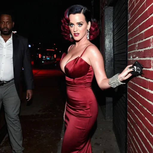 Prompt: Gorgeous Katy Perry with huge busom and ridiculously long wavy dark red stylish updo hair,  wearing a stylish peekaboo dress, and 8 inch stiletto high heel shoes, posing at the alley of a nightclub at night.