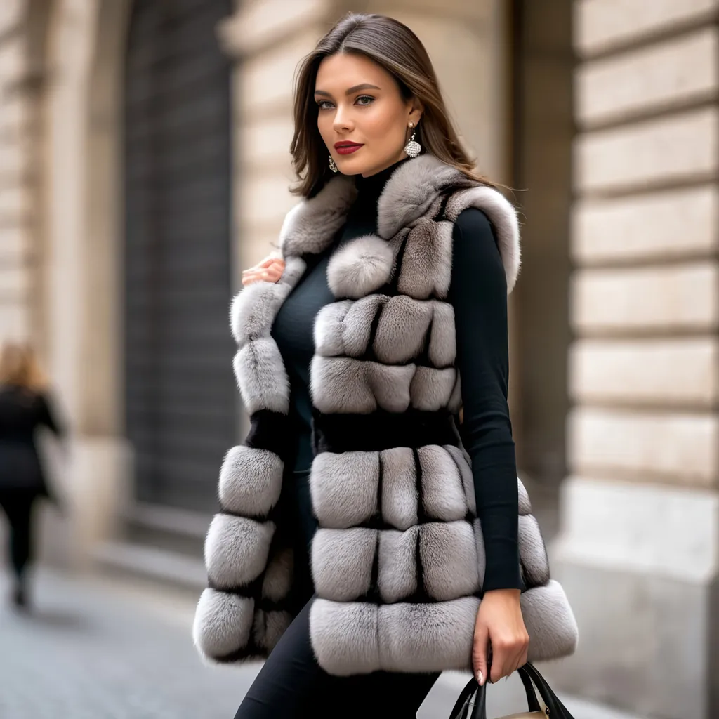 Prompt: Top Model with a long and luxurious fur vest in chinchilla real fur walking elegantly in Brera, Milan