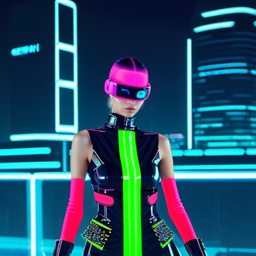 Prompt: Fendi cyber look, (futuristic fashion), cutting-edge design, ( sleek silhouettes), innovative materials, high-tech accessories, bright neon colors, (digital vibes), urban city background, glowing lights, modern architecture, stylish ambiance, high energy, bold statement, (ultra-detailed), visually striking.