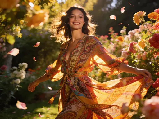 Prompt: Visualize Elodie, a striking figure exuding confidence as she gracefully wears the Etro Spring Summer Collection 2026. She stands amidst a vibrant, blooming garden, the sun casting a warm, golden glow that accentuates the intricate patterns of her flowing attire. The fabric dances with each gentle breeze, showcasing vivid colors that reflect the season’s renewal. Around her, soft petals float through the air, creating a dreamy ambiance. Elodie’s expression is one of serene joy, her hair softly tousled, catching the light, and her pose exuding effortless elegance. The scene is enhanced by cinematic lighting, with dappled shadows playing on the ground, evoking the essence of a perfect spring day.