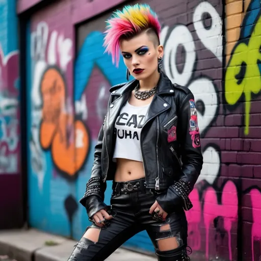 Prompt: (Coco Chanel reimagined as a punk), vibrant colors, edgy fashion style, DIY accessories, mohawk hairstyle, leather jacket, and combat boots, rebellious attitude, (bold eyeliner), dramatic lighting, artistic expression, background of a graffiti-covered urban setting, lively atmosphere, high detail, 4K, ultra-detailed, striking contrast between classic elegance and punk aesthetics.