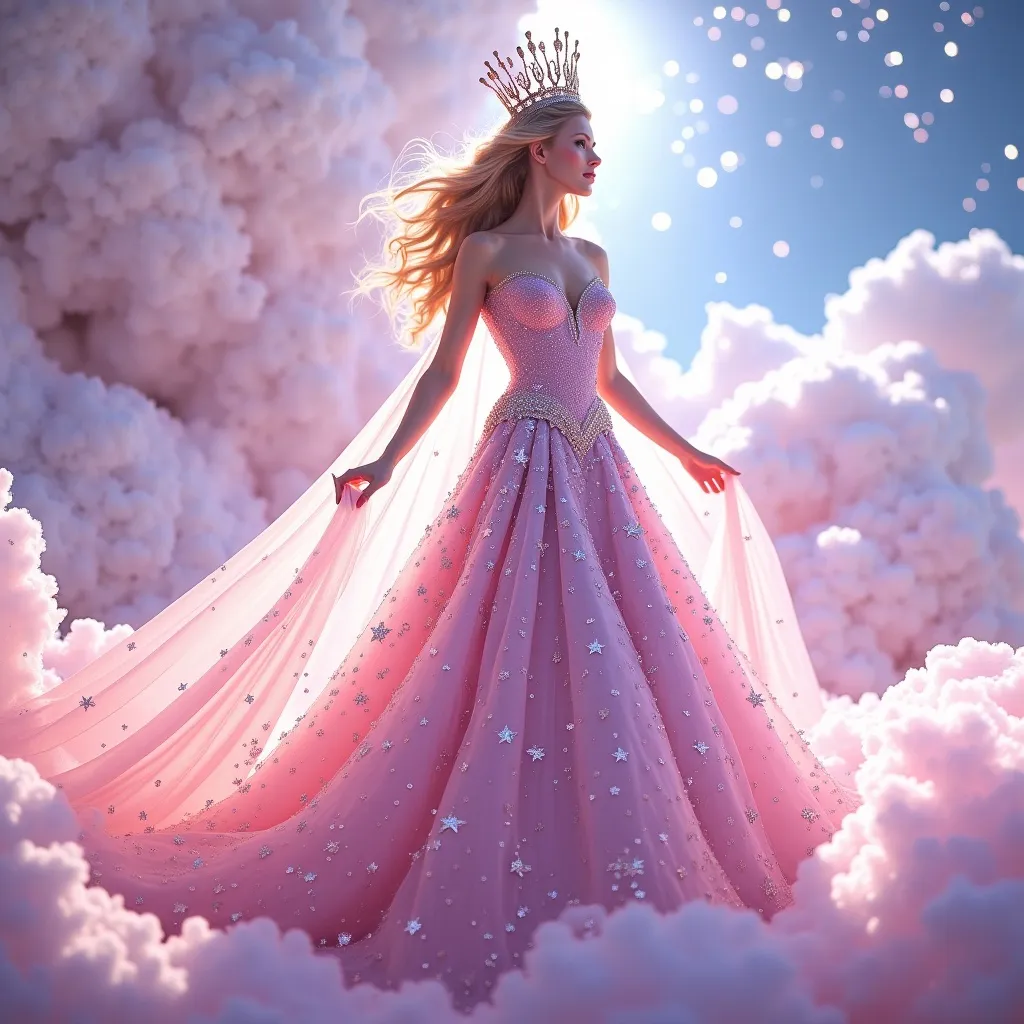 Prompt: (Concept: Glinda wearing Mugler), glamorous gown, sparkling textures, dramatic silhouette, ethereal lighting, whimsical atmosphere, pastel color palette, soft pinks, lilacs, and whites, detailed fantasy elements, flowing cape, regal crown, (highly detailed), (cinematic), enchanting background with clouds and sparkling stars, elegant pose, captivating expression.