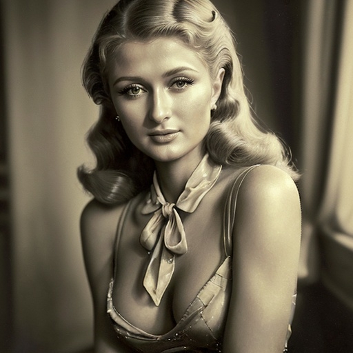 Prompt: Paris Hilton during WWII, (vintage glamour), a nostalgic and sophisticated portrait, (elegant attire reminiscent of 1940s fashion), soft warm lighting, dramatic shadows, (nostalgic backdrop of war-torn Paris), curious ambiance of courage and resilience, (highly detailed), capturing the spirit and charm of an iconic personality amidst historical chaos, (4K, ultra-detailed).