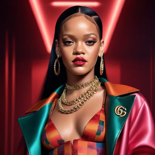 Prompt: photorealistic image of (Rihanna) showcasing (Gucci) fashion, intricate details of the outfit, vibrant colors that enhance her style, studio lighting illuminating features, close-up capturing expressions and textures, elegant ambiance radiating glamour, ultra-detailed composition with a high-quality finish, set against a softly blurred background that complements the fashion theme.