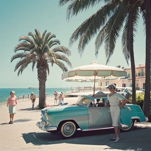 Prompt: (50s retro style), charming coastal scenery, vintage cars parked by the beach, soft pastel colors, bright sunlight casting gentle shadows, stylish individuals in classic attire enjoying the ambiance, boardwalk with palm trees, relaxed and nostalgic vibe, picturesque architecture, high quality, ultra-detailed, idyllic summer day in Nice.