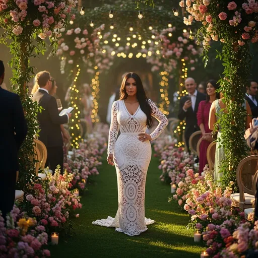 Prompt: Imagine a glamorous scene set in an opulent outdoor garden adorned with twinkling fairy lights and beautifully arranged floral displays, where Kim Kardashian gracefully stands at Jeff Bezos’ wedding. She wears an exquisite white crochet long tubino dress by Dolce&Gabbana, the intricate lacework catching the soft golden sunlight, casting delicate shadows on her skin. Her expression radiates confidence and sophistication, with a hint of playful allure as she engages with the guests around her. The air is filled with the gentle rustle of leaves and the aroma of fresh blooms, enhancing the festive atmosphere. A dreamy, cinematic lighting bathes the entire scene, making it feel almost ethereal, as laughter and soft music drift through the air.