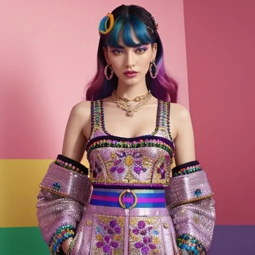 Prompt: Miu Miu Pride Month outfit, fashion illustration, vibrant colors, high fashion, luxurious fabric, LGBTQ+ pride, detailed embroidery, professional, best quality, highres, detailed, fashion illustration, vibrant colors, LGBTQ+ pride, luxurious fabric, detailed embroidery, high fashion